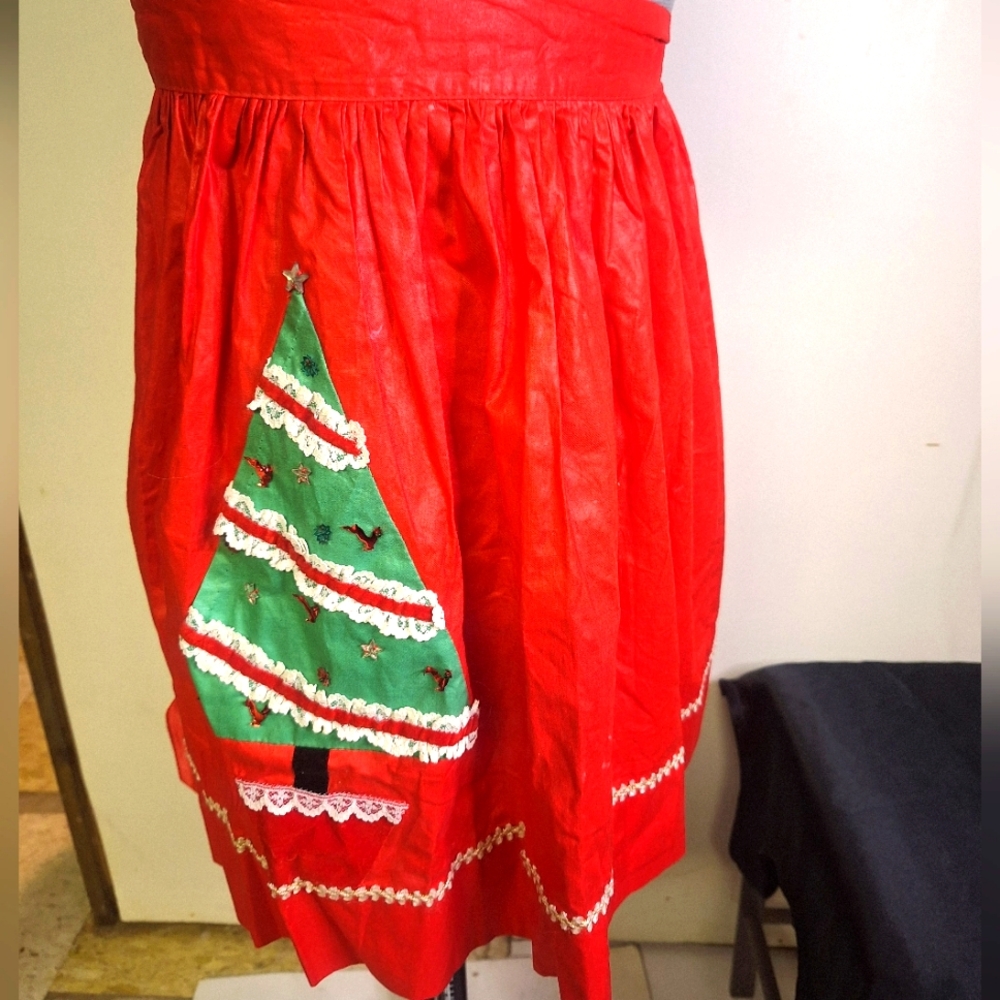 VTG Red Polished Cotton Xmas Apron Size Med/Sm